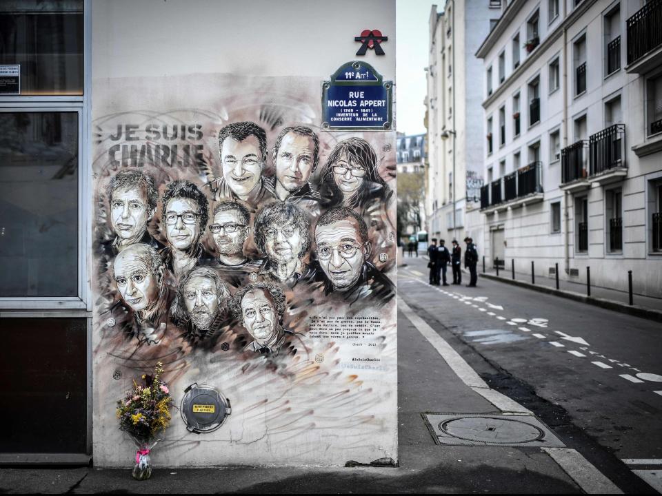 An artist's tribute to members of Charlie Hebdo newspaper who were killed by jihadist gunmen in 2015 (AFP via Getty Images)