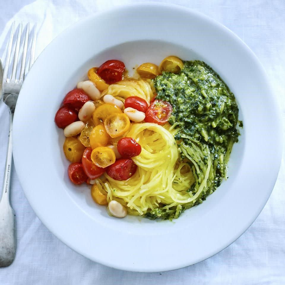 spaghetti squash with roasted tomatoes beans and almond pesto