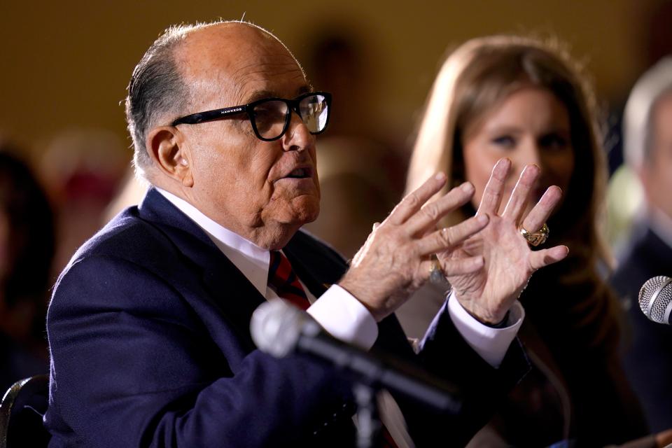 <p>Former Mayor of New York Rudy Giuliani, a lawyer for President Trump, speaks at a hearing of the Pennsylvania State Senate Majority Policy Committee on Wednesday in Gettysburg, Pa</p> (AP)