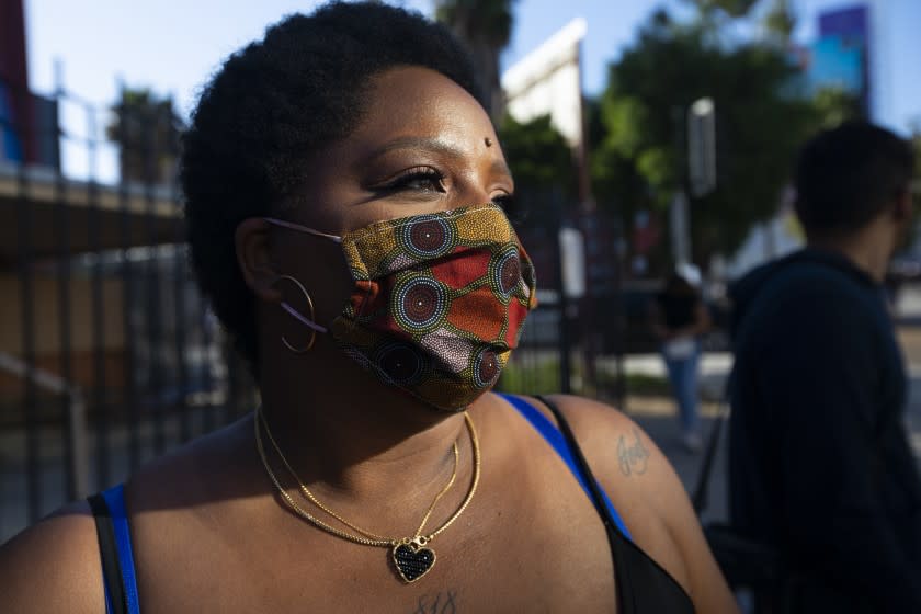 HOLLYWOOD, CA JUNE 7, 2020: Patrisse Cullors is one of the three co-founders of the Black Lives Matter movement. She participated in the peaceful march in Hollywood, CA today Sunday June 7, 2020. Thousands of people participated in today's peaceful protest against police sparked by the death of George Floyd. (Francine Orr/ Los Angeles Times)