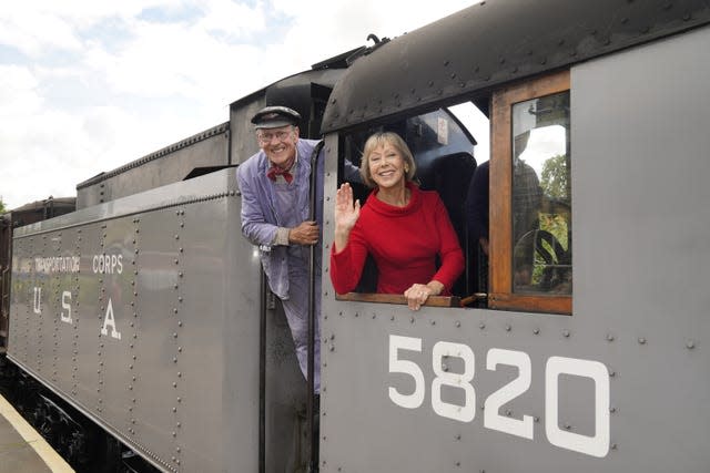 Jenny Agutter on a train at Oakworth Station, West Yorkshire to attend the world premiere of The Railway Children Return