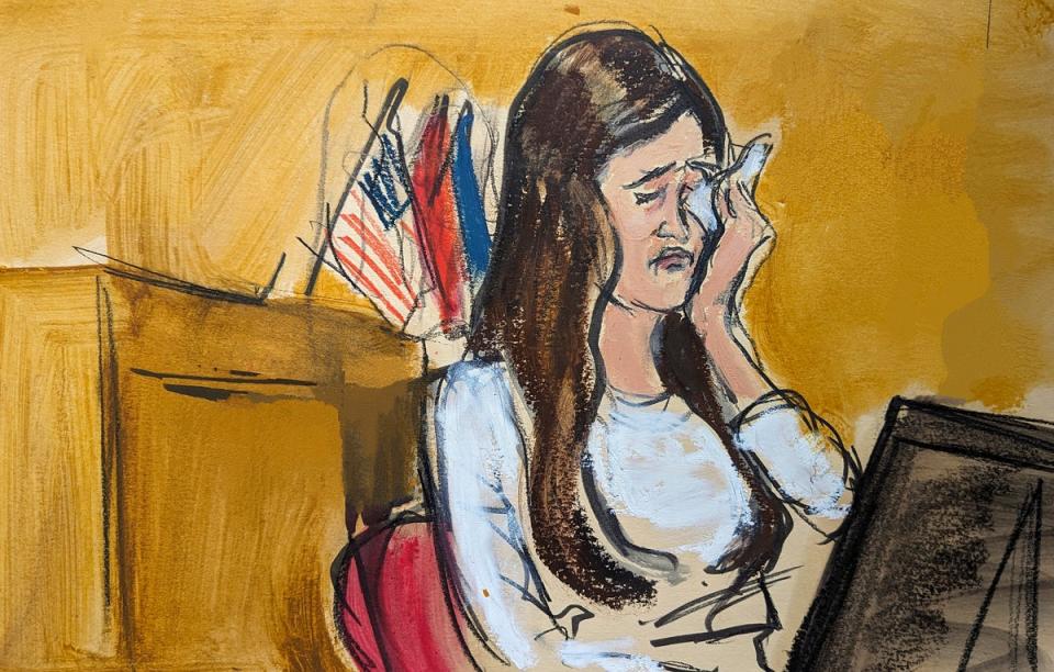 Former White House assistant to then-President Donald Trump, Madeleine Westerhout weeps on the stand describing how she lost her White House job in Manhattan criminal court, Thursday, May 9, 2024 (AP)