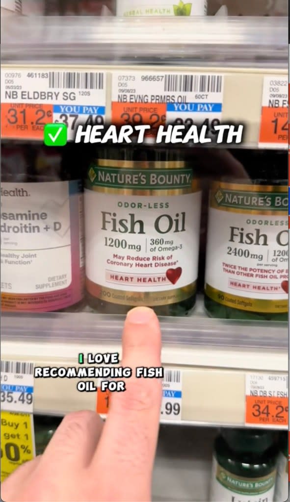 “I love recommending fish oil for heart health and vitamin D for healthy bones and an immune system,” Puza shared. drcharlesmd1/TikTok