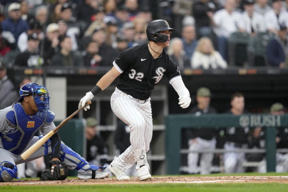 Chicago White Sox's Gavin Sheets watches his broken-bat RBI single off Kansas City Royals starting pitcher Zack Greinke during the second inning of a baseball game Friday, May 19, 2023, in Chicago. (AP Photo/Charles Rex Arbogast)