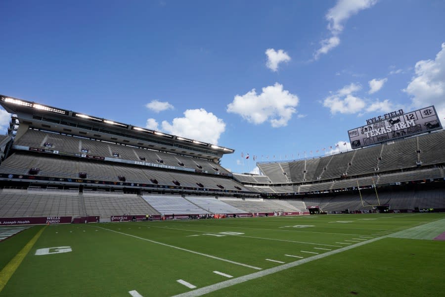 Kyle Field, home of the Texas A&M football team, is shown before an NCAA college football game against Vanderbilt Saturday, Sept. 26, 2020, in College Station, Texas. (AP Photo/David J. Phillip)