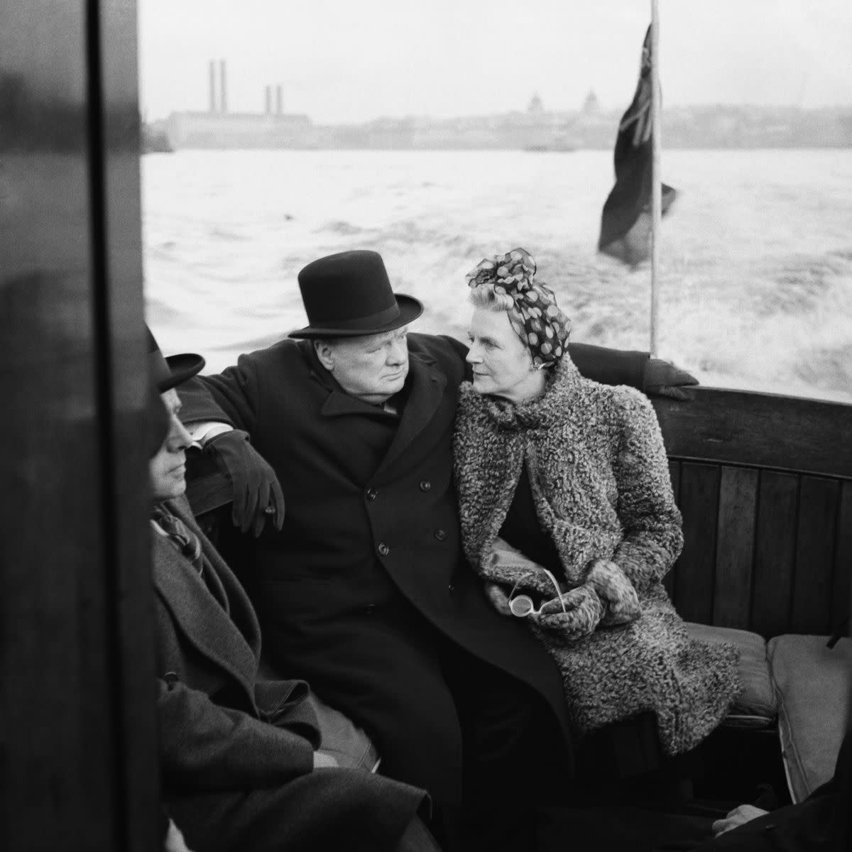 Winston Churchill and his wife Clementine sit on board a naval auxiliary patrol vessel as it travels down the Thames towards docks in east London during the Second World War on Sept. 25, 1940.