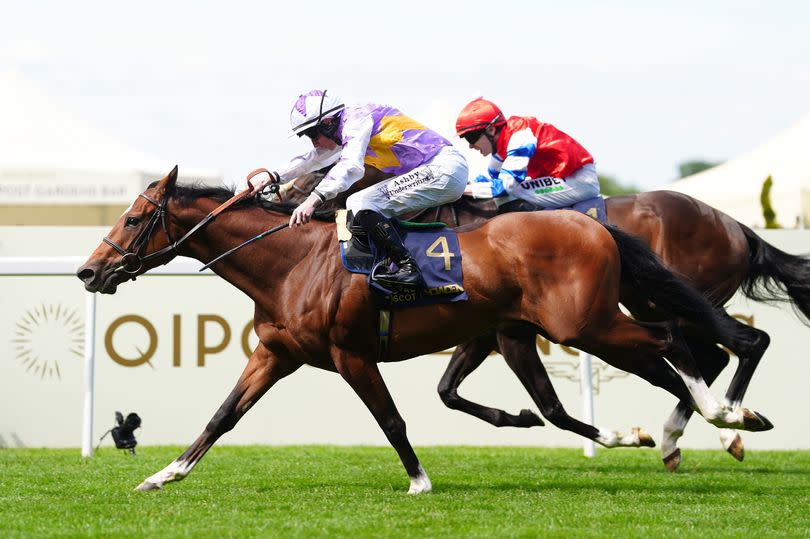 Going The Distance, ridden by Rossa Ryan (left), on the way to winning the King George V Stakes on day three of Royal Ascot 2024 at Ascot Racecourse on Thursday, June 20 2024