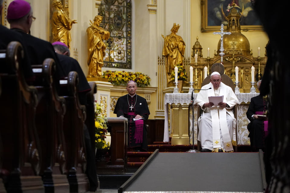 Pope Francis presides over a Vespers service at the Cathedral-Basilica of Notre Dame de Quebec, Thursday, July 28, 2022, in Quebec City, Quebec. Pope Francis is on a "penitential" six-day visit to Canada to beg forgiveness from survivors of the country's residential schools, where Catholic missionaries contributed to the "cultural genocide" of generations of Indigenous children by trying to stamp out their languages, cultures and traditions. (AP Photo/John Locher)