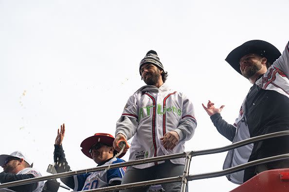 ATLANTA, GA - NOVEMBER 05: Members of the Atlanta Braves look on during the World Series Parade at Truist Park on November 5, 2021 in Atlanta, Georgia. The Atlanta Braves won the World Series in six games against the Houston Astros winning their first championship since 1995. (Photo by Megan Varner/Getty Images)