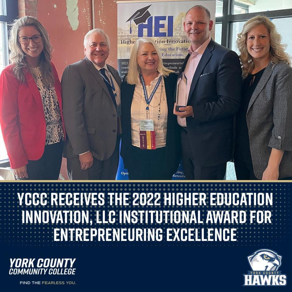 Left to right are Cait Grant, YCCC Director of Economic and Workforce Development; Dr. Jay Box, HEI Chief Leadership Innovation Officer; Dr. Mary Darden, HEI President; Dr. Michael Fischer, YCCC President; and Dr. Jennifer Laney, YCCC Dean of Students.