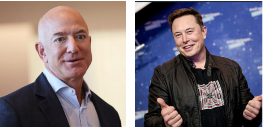 The combined net worth of Elon Musk and Jeff Bezos approached US$500 billion on Wednesday. (PHOTOS: Getty)