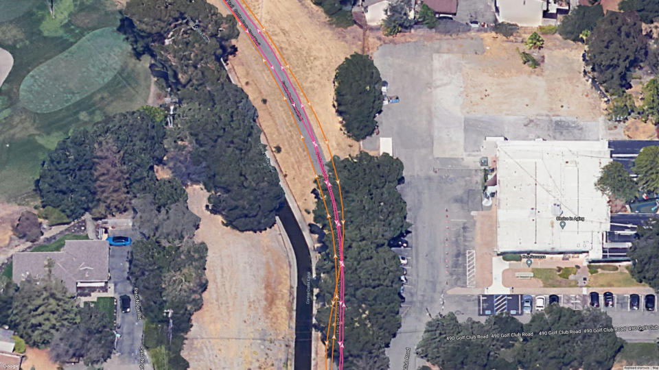 A screenshot of a portion of a satellite GPS map, showing how the Garmin Forerunner 165 and COROS PACE 3 compare for GPS accuracy.