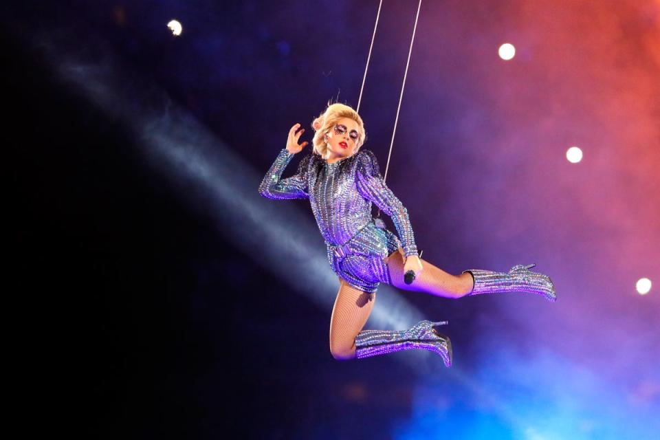 Lady Gaga began her 2017 halftime show on the roof of the NRG Stadium in a Versace bodysuit (Getty Images)