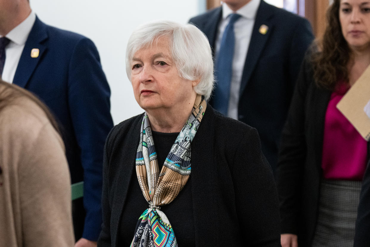 WASHINGTON - MARCH 16: Secretary of the Treasury Janet Yellen arrives to testify in the Senate Finance Committee on Thursday, March 16, 2023. (Bill Clark/CQ-Roll Call, Inc via Getty Images)