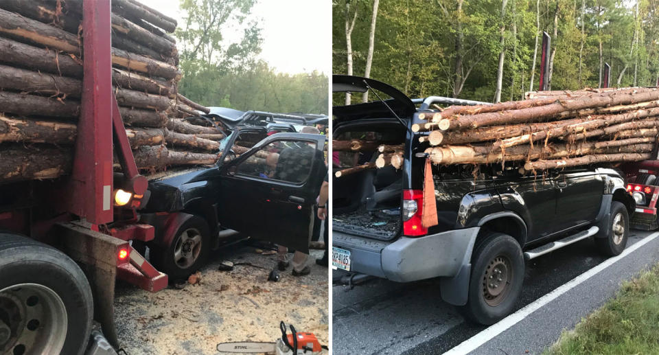 Logs shown impaling a car after it rear ended a truck in the US state of Georgia.