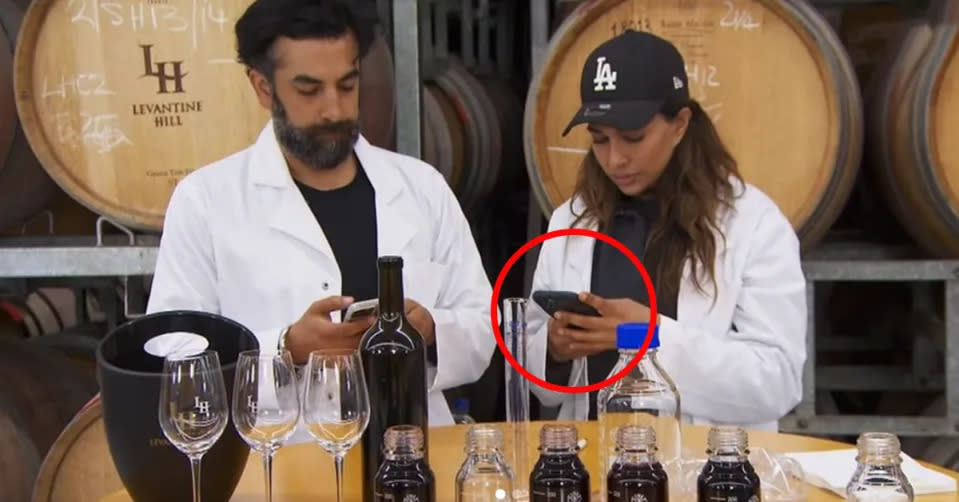 Ankur and Sharon Google how to make a wine during a challenge whilst on The Block. 