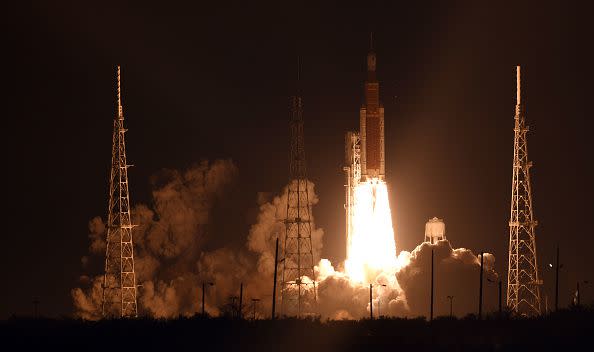 CAPE CANAVERAL, FLORIDA - NOVEMBER 16: NASA’s Artemis I Space Launch System (SLS) rocket, with the Orion capsule attached, launches at NASA's Kennedy Space Center on November 16, 2022 in Cape Canaveral, Florida. The Artemis I mission will send the uncrewed spacecraft around the moon to test the vehicle's propulsion, navigation and power systems as a precursor to later crewed mission to the lunar surface. (Photo by Red Huber/Getty Images)