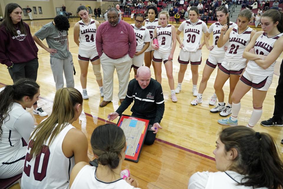 La Salle girls basketball coach Frank Kiser gives instructions to his players on Wednesday night during the game against East Providence.