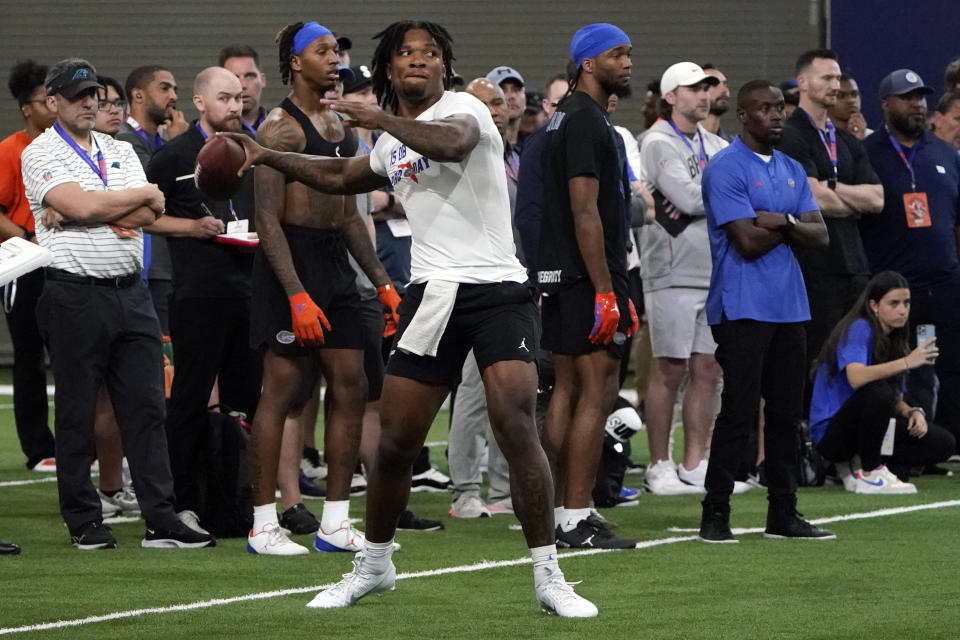 Florida quarterback Anthony Richardson throws a pass during an NFL football Pro Day, Thursday, March 30, 2023, in Gainesville, Fla. (AP Photo/John Raoux)