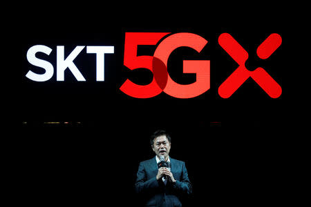 Park Jung-ho, CEO of SK Telecom, attends a launching ceremony for its 5G service, in Seoul, South Korea, April 3, 2019. REUTERS/Kim Hong-Ji