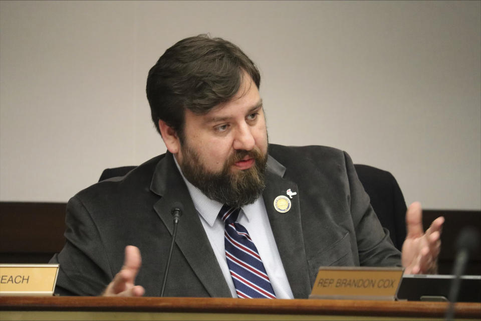 Republican South Carolina Rep. Thomas Beach speaks about an amendment to a bill banning medical care for transgender minors, Wednesday, Jan. 10, 2024, in Columbia, S.C. The proposal advanced Wednesday out of committee for the consideration of the entire South Carolina House. (AP Photo/James Pollard)