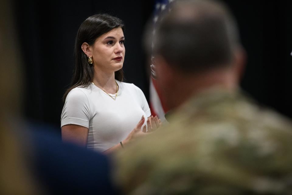 Brianna Goodman speaks about her sister, Senior Airman Ashton Lynn Marie Goodman, during a building dedication ceremony at Pope Army Airfield on Friday, June 21, 2024. Pope Army Airfield dedicated the Airman’s Center building in honor of Senior Airman Goodman, who served at Pope Air Force Base from 2006 until her death in 2009 while deployed to Afghanistan.