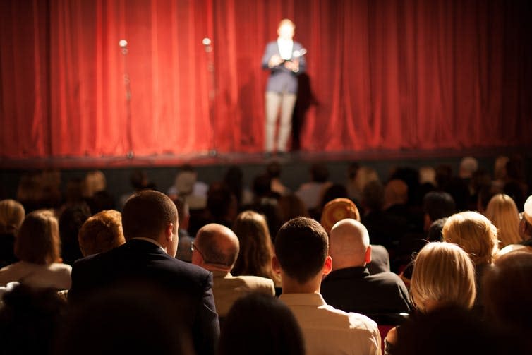 <span class="caption">Audiences make performers work for their laughter.</span> <span class="attribution"><a class="link " href="https://www.shutterstock.com/image-photo/stand-comedian-on-stage-495240280" rel="nofollow noopener" target="_blank" data-ylk="slk:aerogondo2/Shutterstock;elm:context_link;itc:0;sec:content-canvas">aerogondo2/Shutterstock</a></span>
