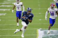 Georgia Southern wide receiver Khaleb Hood (7) scores a touchdown against Louisiana Tech during the first half of the New Orleans Bowl NCAA college football game in New Orleans, Wednesday, Dec. 23, 2020. (AP Photo/Matthew Hinton)