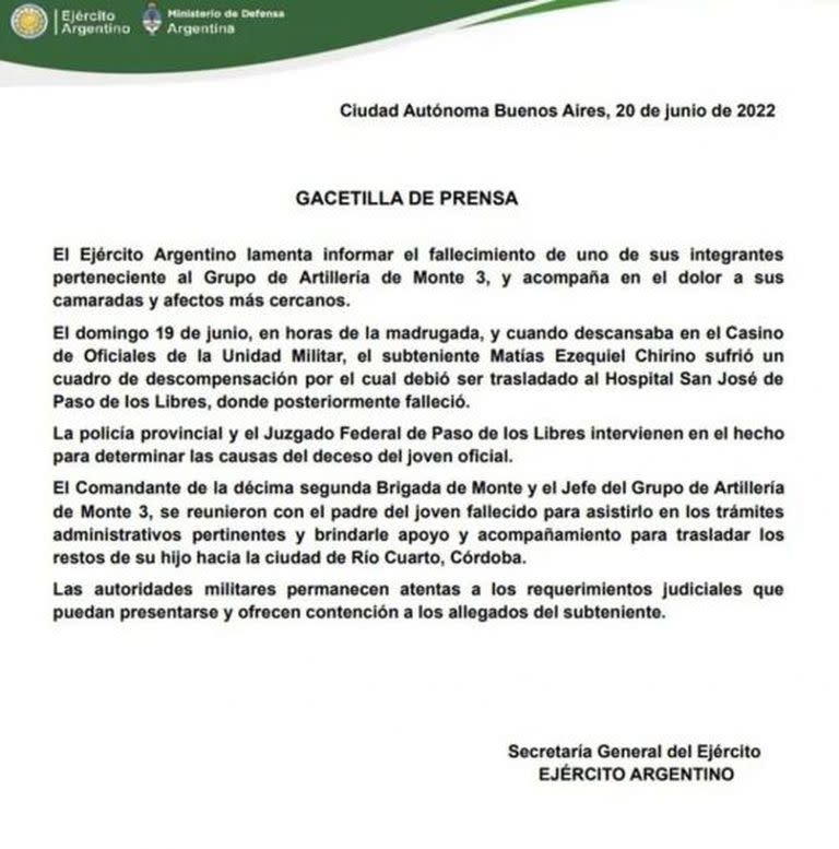 Comunicado del Ejército Argentino sobre la muerte del subteniente Matías Ezequiel Chirino en el Grupo de Artillería de Monte 3 de Paso de los Libres, Corrientes