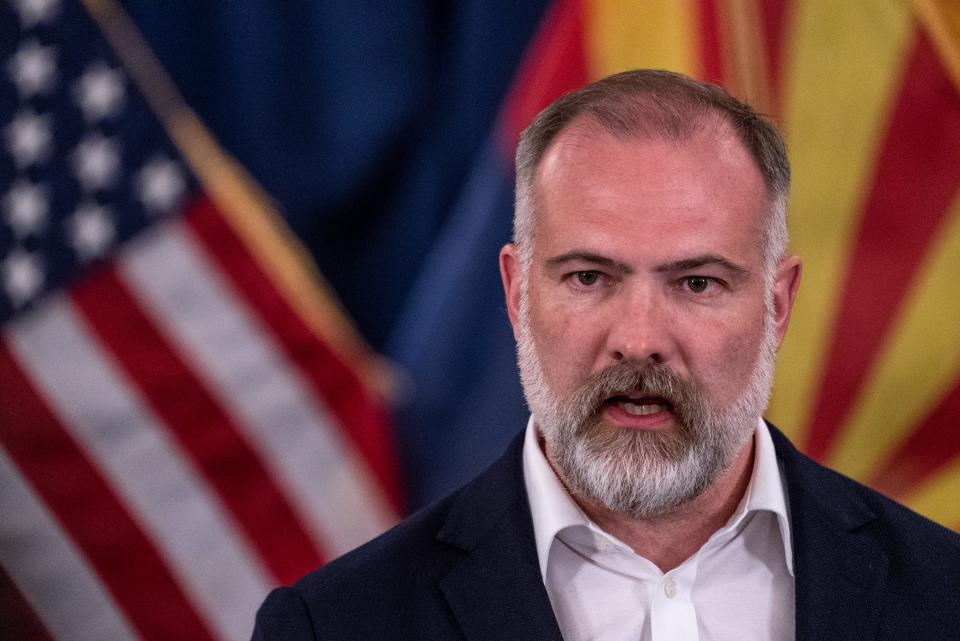 Deputy Secretary of the Interior Tommy Beaudreau speaks during a press conference discussing Colorado River conservation investments at the state Capitol in Phoenix on April 6, 2023.