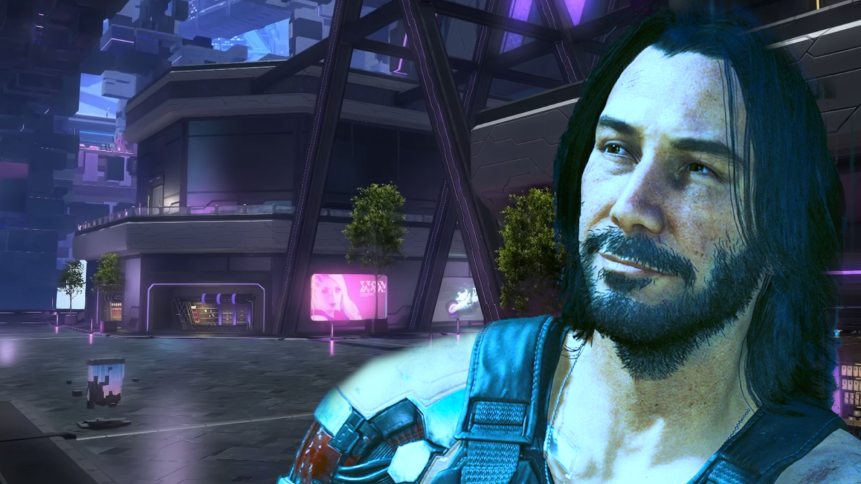  An image of the new Final Fantasy 14 zone, Solution Nine, with an edited image of Johnny Silverhand from Cyberpunk 2077 smiling approvingly at the surroundings. 