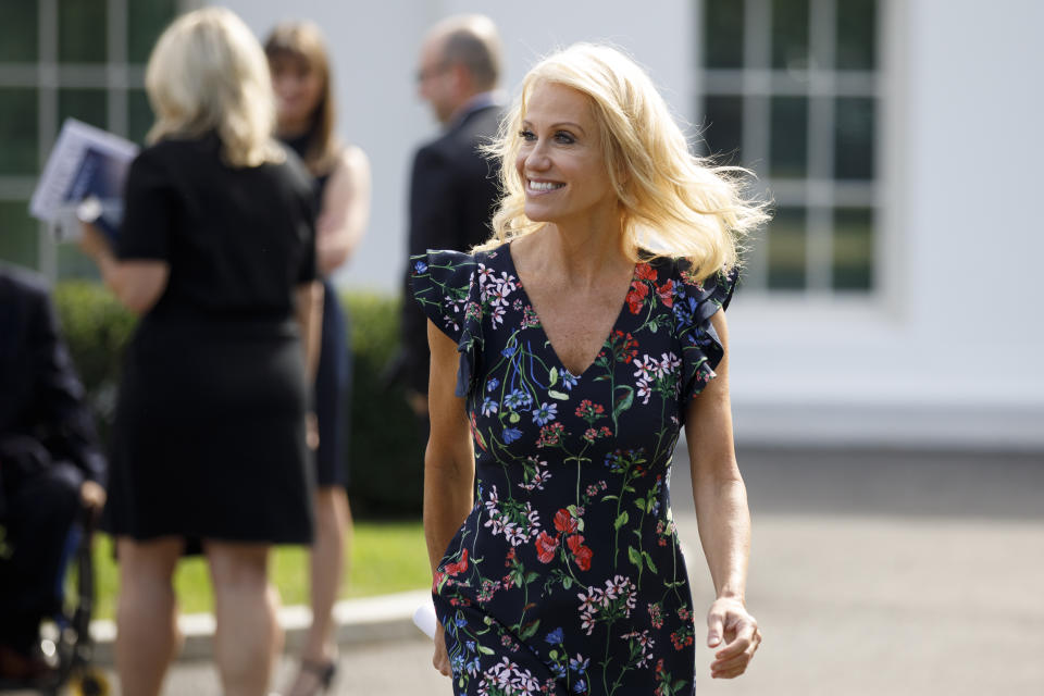 Counselor to the President Kellyanne Conway walks to speaks to media at White House in Washington, Thursday, Sept. 27, 2019. (AP Photo/Carolyn Kaster)