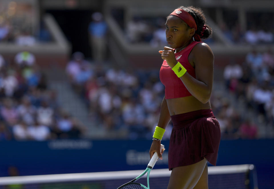 Coco Gauff, of the United States, reacts during a match against Jelena Ostapenko, of Latvia, during the quarterfinals of the U.S. Open tennis championships, Tuesday, Sept. 5, 2023, in New York. (AP Photo/Manu Fernandez)