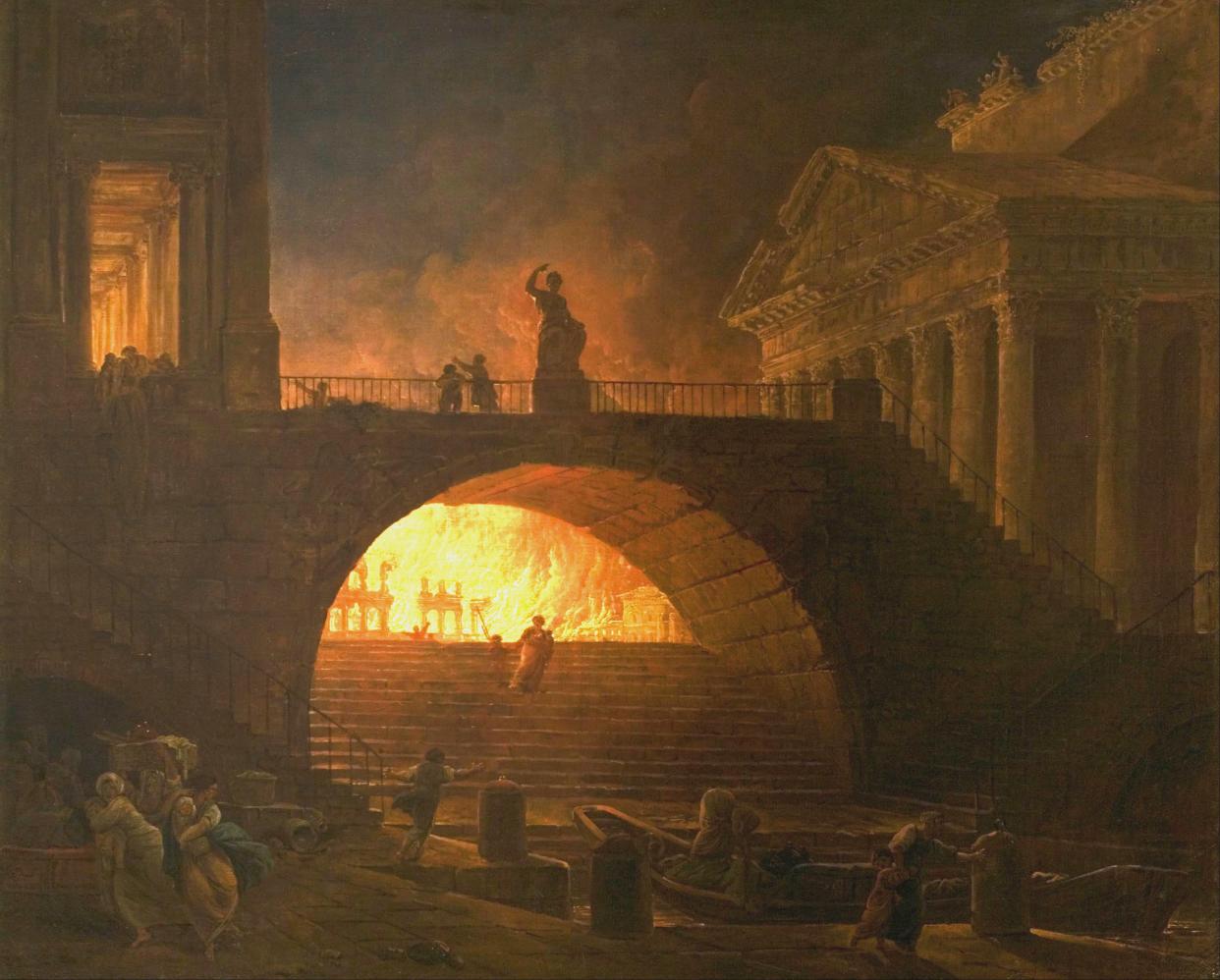 <p>great-fire-rome-1.jpg</p><p>The flames that changed the history of an empire. The Great Fire of Rome, as portrayed in an 18th-century painting by the French artist, Hubert Robert.</p> (MuMA)