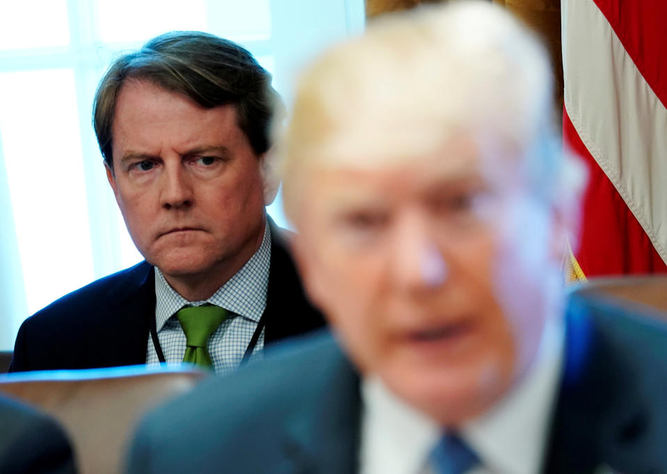 White House Counsel Don McGahn sits behind President Trump during a meeting at the White House in Washington, D.C., June 21, 2018.  (Jonathan Ernst/Reuters/File Photo)