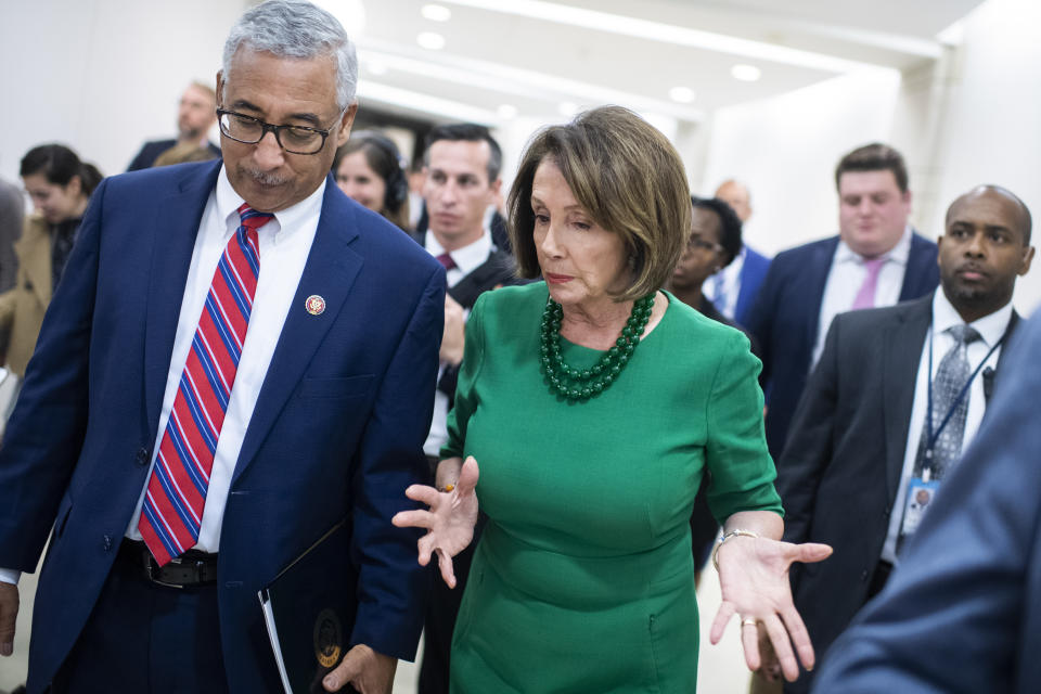 UNITED STATES - OCTOBER 15: Rep. Bobby Scott, D-Va., chairman of the House Education and Labor Committee, and Speaker of the House Nancy Pelosi, D-Calif., are seen after a news conference in the Capitol Visitor Center to introduce the College Affordability Act, an overhaul of higher education system, on Tuesday, Oct. 15, 2019. (Photo By Tom Williams/CQ-Roll Call, Inc via Getty Images)