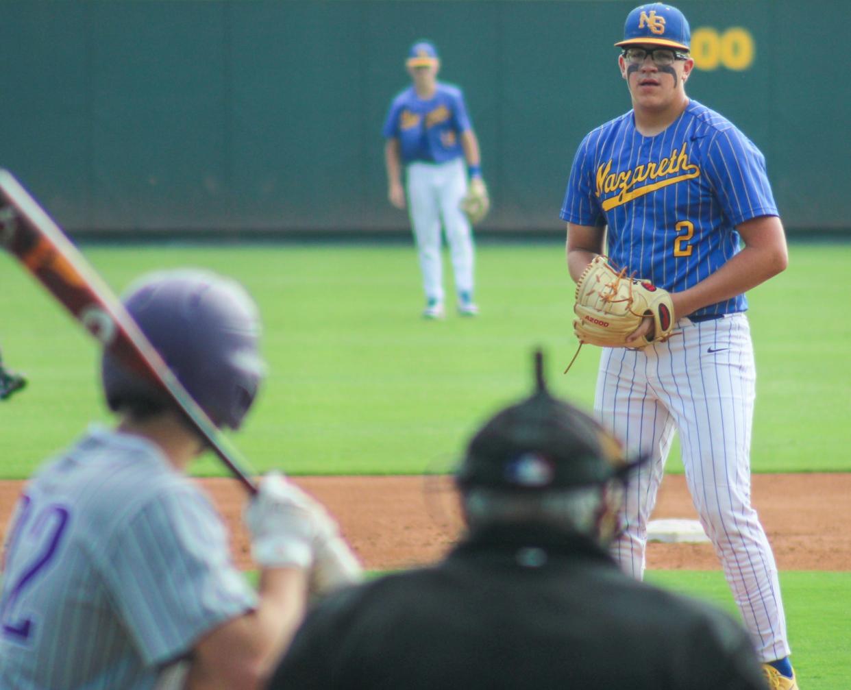 Nazareth pitcher Trent Gerber eyes the Kennard batter in the Class 1A state baseball semifinals on Wednesday, June 8, 2022 at Dell Diamond in Round Rock.