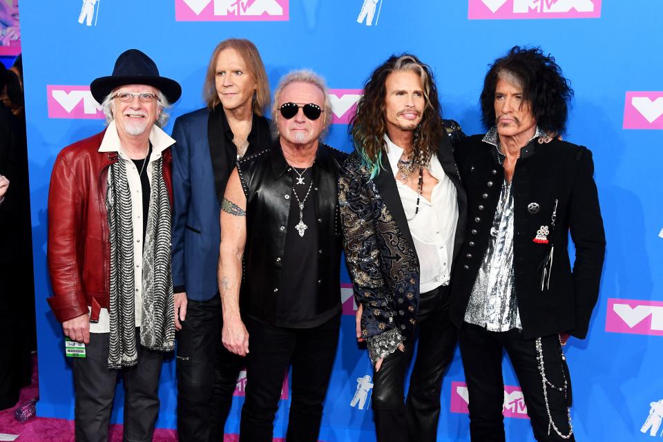 NEW YORK, NY - AUGUST 20:  (L-R) Brad Whitford, Tom Hamilton, Joey Kramer, Joe Perry, and Steven  Tyler of Aerosmith attend the 2018 MTV Video Music Awards at Radio City Music Hall on August 20, 2018 in New York City.  (Photo by Nicholas Hunt/Getty Images for MTV)