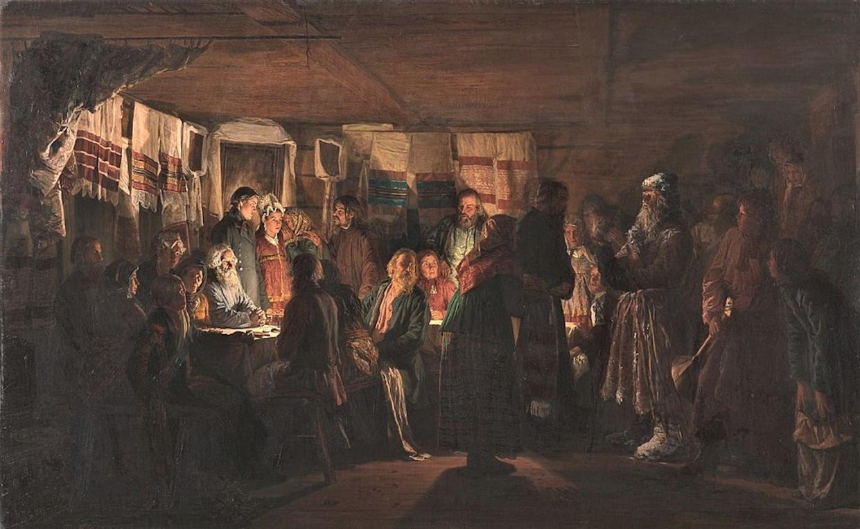 'A Sorcerer Comes to a Peasant Wedding,' a 19th-century painting by Russian artist Vassily Maximov. <a href="https://commons.wikimedia.org/wiki/File:Maksimov_A_Sorcerer_comes_to_a_peasant_wedding_1875_gtg_ed.jpg" rel="nofollow noopener" target="_blank" data-ylk="slk:Tretyakov Gallery/Wikimedia Commons;elm:context_link;itc:0;sec:content-canvas" class="link ">Tretyakov Gallery/Wikimedia Commons</a>
