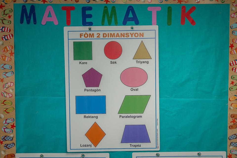 Shapes with their names in Haitian Creole are displayed on a mathematics wall in a classroom at Rolling Green Elementary,