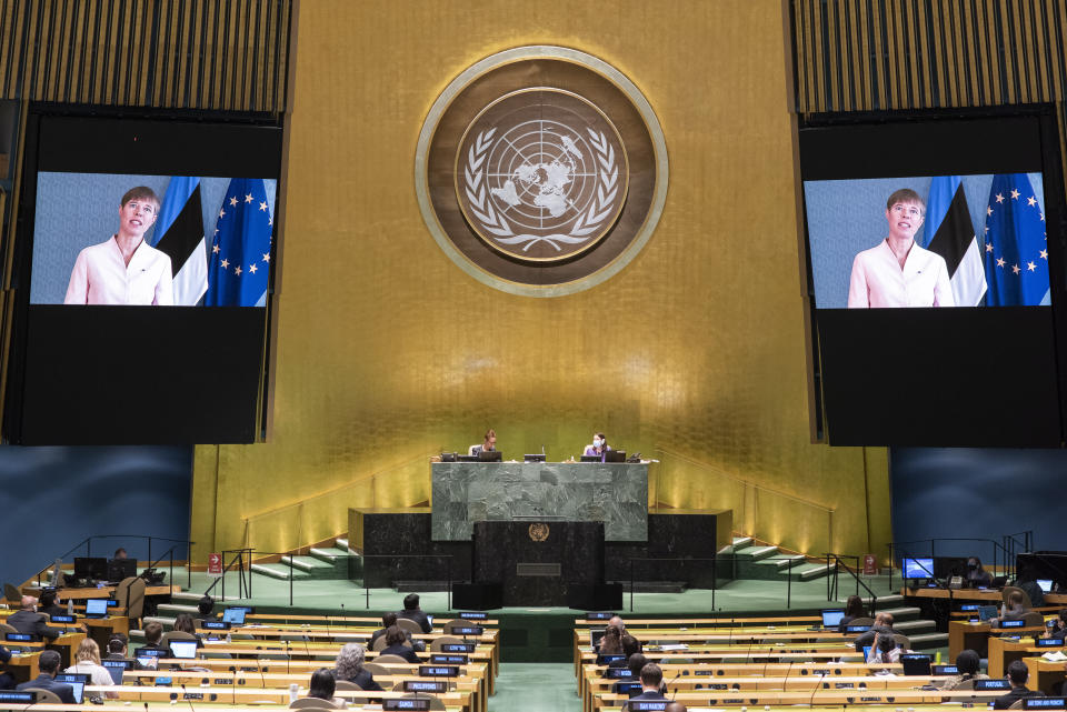 In this photo provided by the United Nations, Kersti Kaljulaid, president of Estonia, speaks in a pre-recorded message which was played during the 75th session of the United Nations General Assembly, Thursday, Sept. 24, 2020, at UN headquarters. The U.N.'s first virtual meeting of world leaders started Tuesday with pre-recorded speeches from some of the planet's biggest powers, kept at home by the coronavirus pandemic that will likely be a dominant theme at their video gathering this year. (Eskinder Debebe/UN Photo via AP)