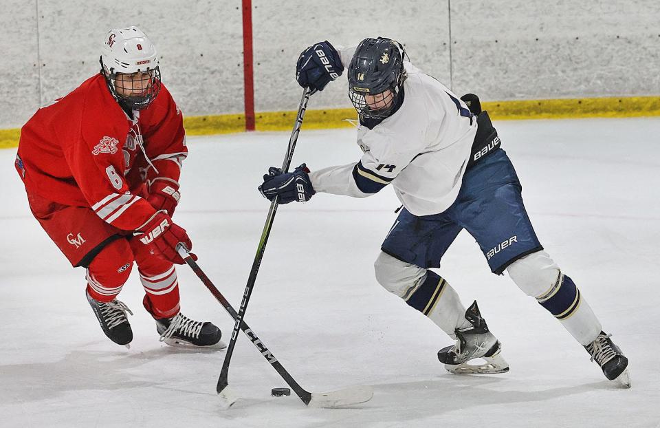 CM #8 RJ Donahue and ABW #14 Finn Kelly battle for control of the puck.

Archbishop Williams takes on Catholic Memorial at the Canton Sportsplex on Wednesday Feb. 7, 2024