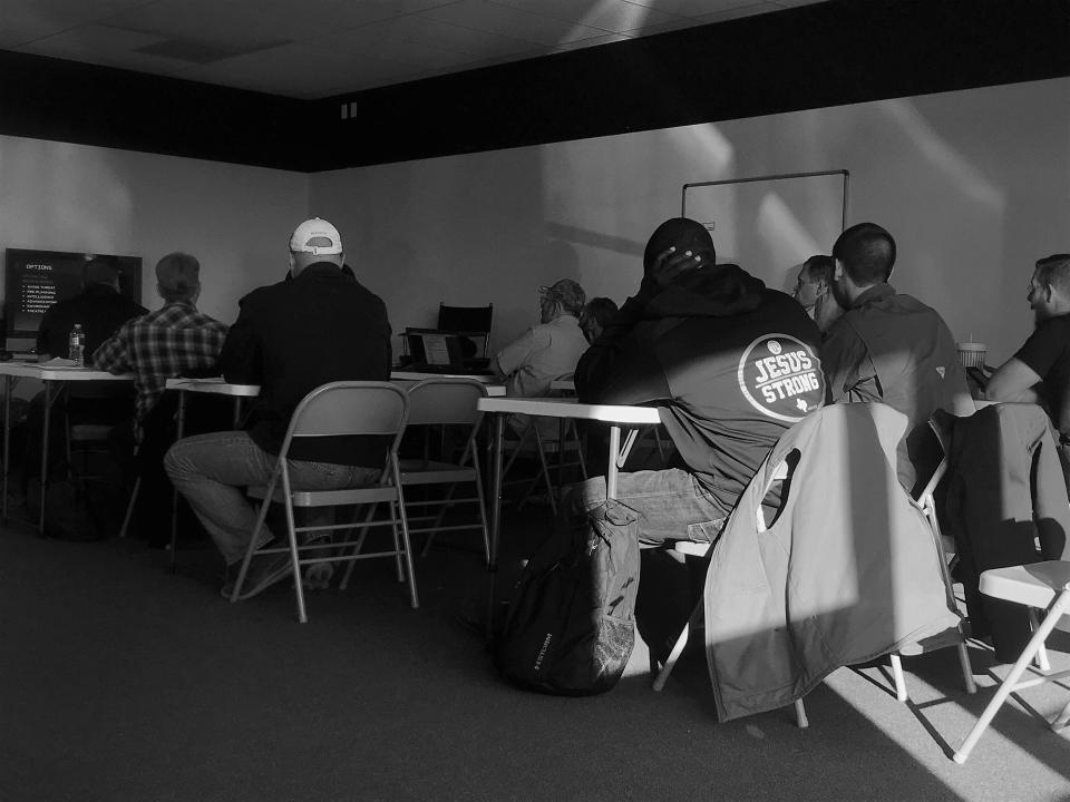 Congregants from Texas-area churches participate in a class on security and defense tactics offered by Gatekeepers Security Services in Pilot Point, Texas. (Photo: Holly Bailey/Yahoo News)