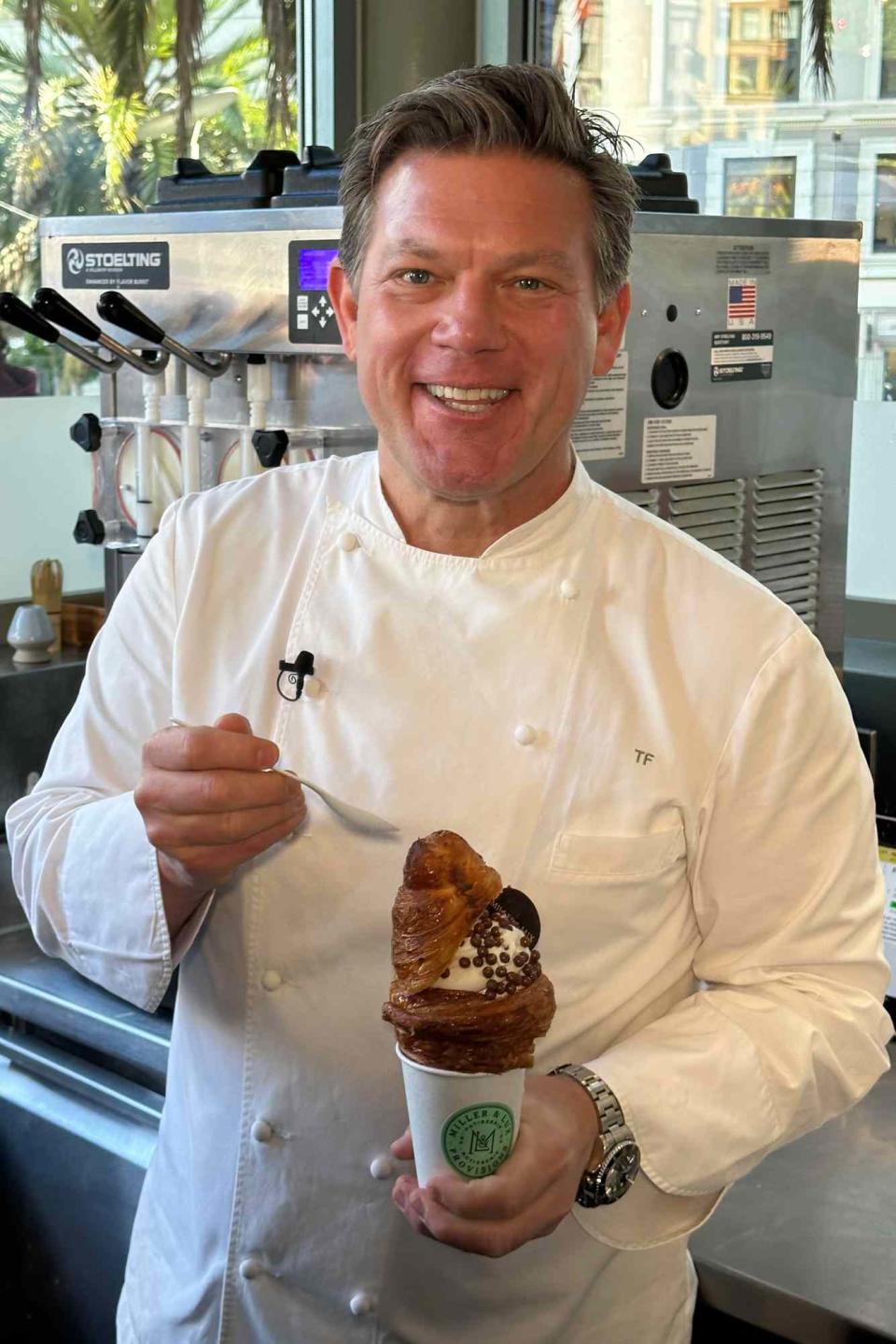 <p>Courtesy of Tyler Florence</p> Tyler Florence with his croissant soft serve at Miller & Lux Provisions.