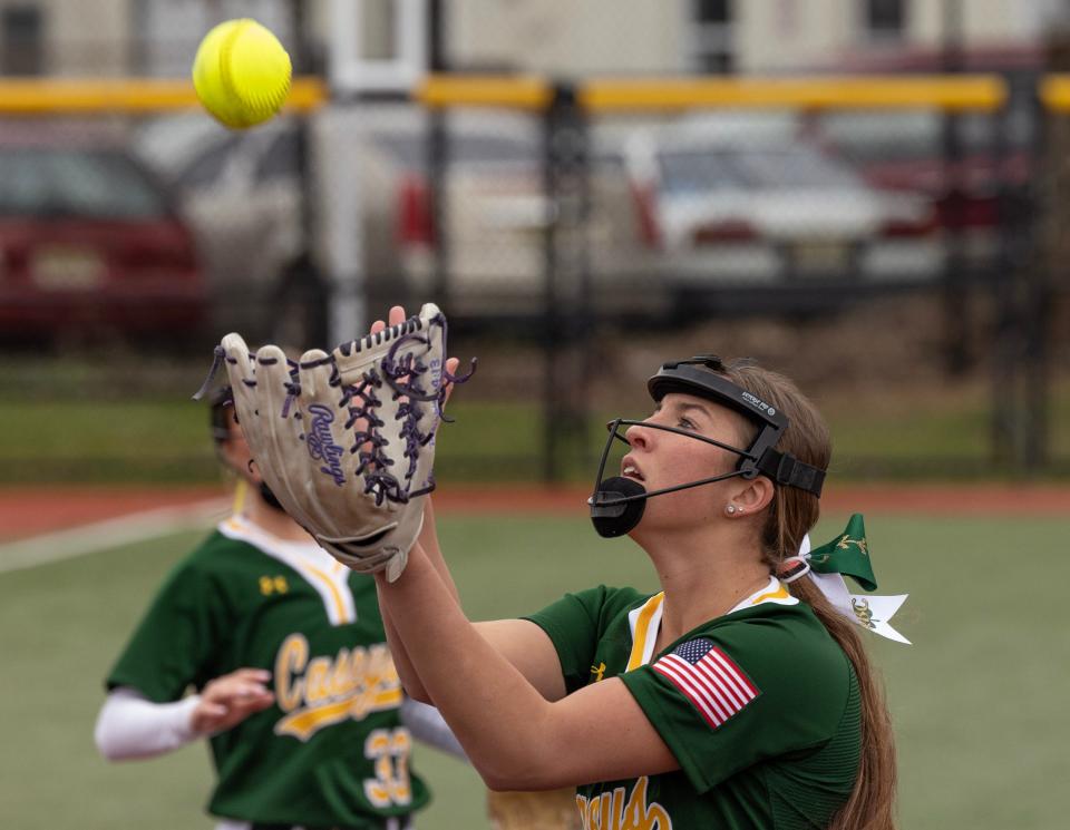 Red Bank Catholic’s Morgan O’Sullivan pulls in a pop up in first inning action. Red Bank Catholic Girls Softball defeats Wall 6-2 in home game on April 4, 2024