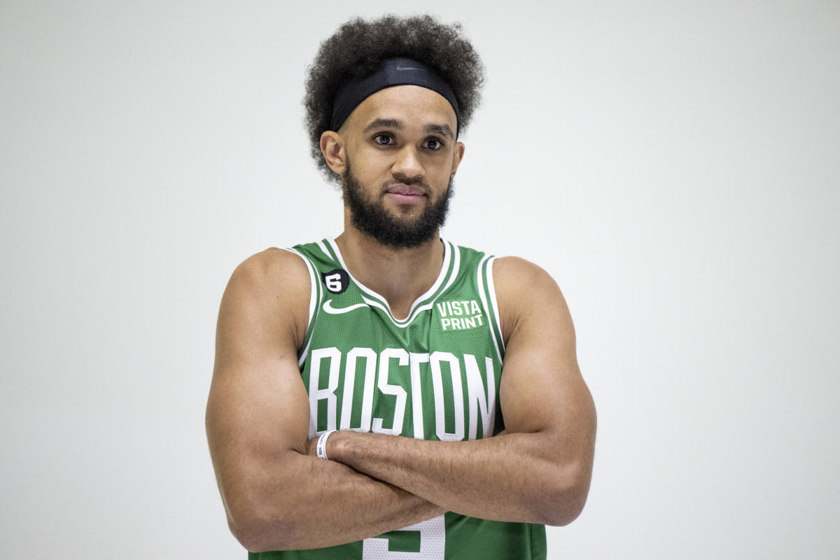 Boston Celtics' Jayson Tatum (0) high-fives Derrick White (9) after scoring  and drawing a foul during first half of an NBA basketball game against the  Los Angeles Lakers Tuesday, Dec. 13, 2022