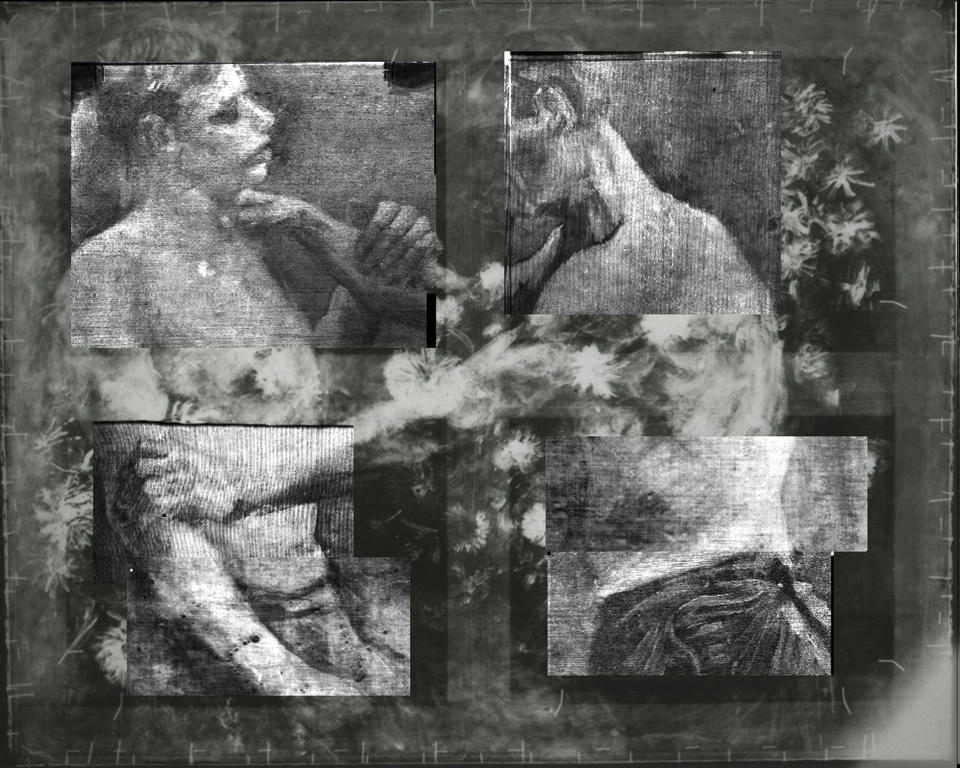 This X-ray provided by the Kroeller Mueller Museum in Otterlo, Netherlands, Tuesday, March 20, 2012, shows an underlying image of two wrestlers on a painting entitled "Still life with meadow flowers and roses" by Vincent van Gogh. The Kroeller Mueller Museum says new X-ray research has finally put beyond doubt that "Still life with meadow flowers and roses" really is by Van Gogh. It has also uncovered in greater detail an art school study by Van Gogh of two wrestlers concealed on the same canvas and invisible to the naked eye. (AP Photo/Kroeller Mueller Museum, HO) EDITORIAL USE ONLY