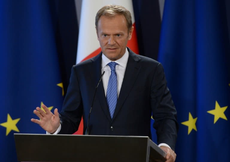 Donald Tusk, President of the European Council, speaks during a press conference in St Julian's, Malta on March 31, 2017 as the EU laid out its Brexit negotiating plans