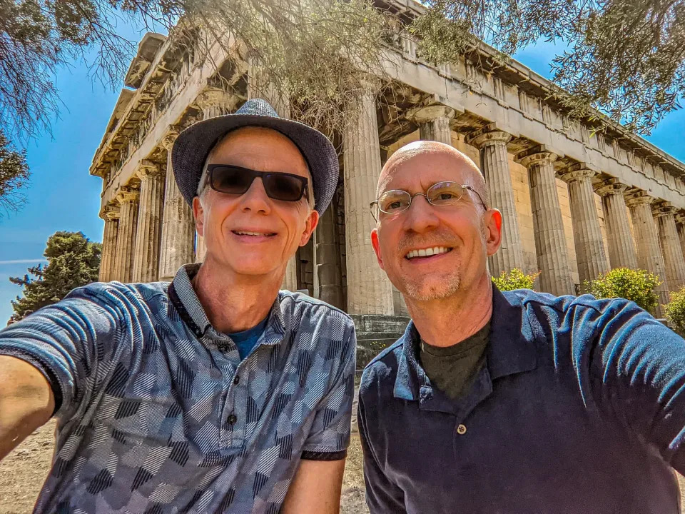 Brent and Michael in front of Hephaestus Temple in Athens, Greece