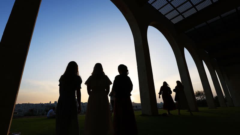 BYU students watch the sunset at the BYU Jerusalem Center in Jerusalem, Israel, on Saturday, April 22, 2023. The center’s students are currently on a field trip in Greece.